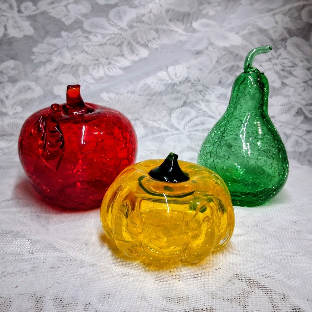 Vintage Crackle Glass Fruit Trio Apple Pear Pumpkin Art Glass Red Yellow Green